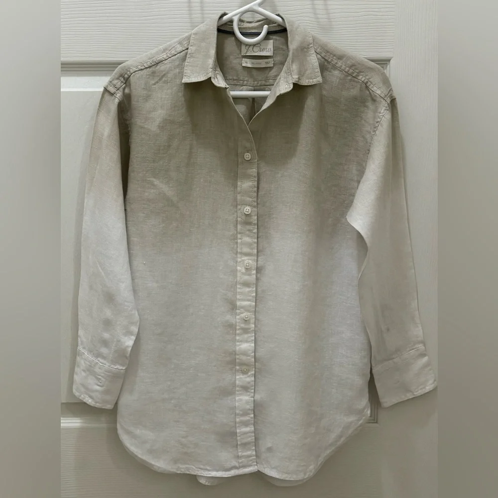 J.CREW 00 Baird McNutt 100% Irish Linen Beige White Ombre Button Front Blouse c1